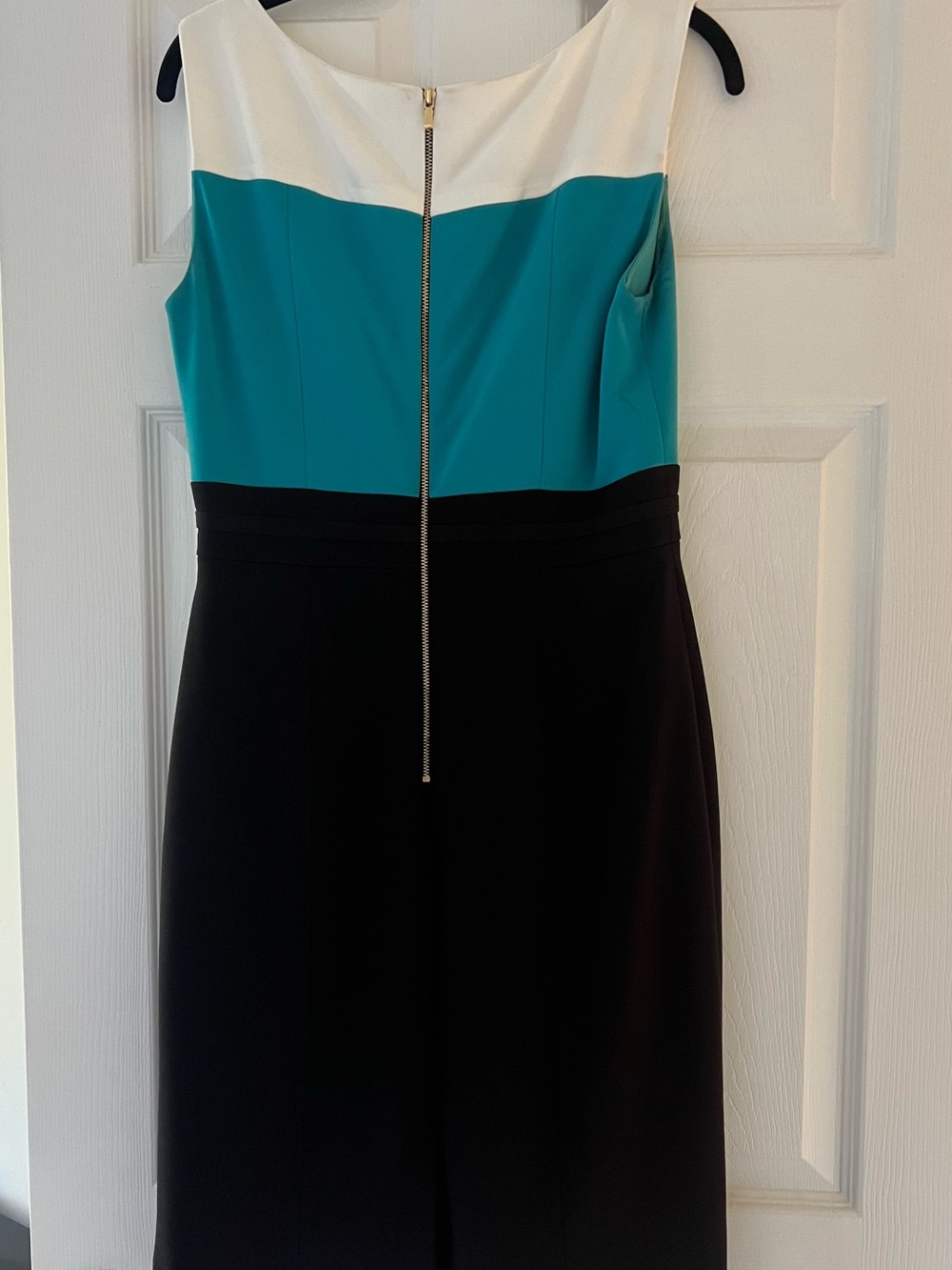 Tahari Teal, White & Black Sleeveless Sheath Dress with Gold Accents - Picture 3 of 4